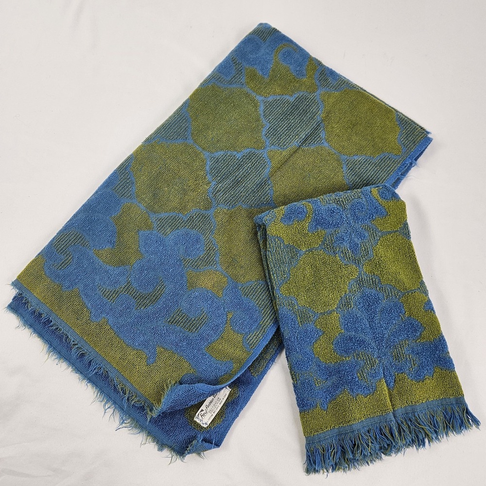 Vtg Fashion Manor Bath Towel MCM Blue Avocado Green Hand towel